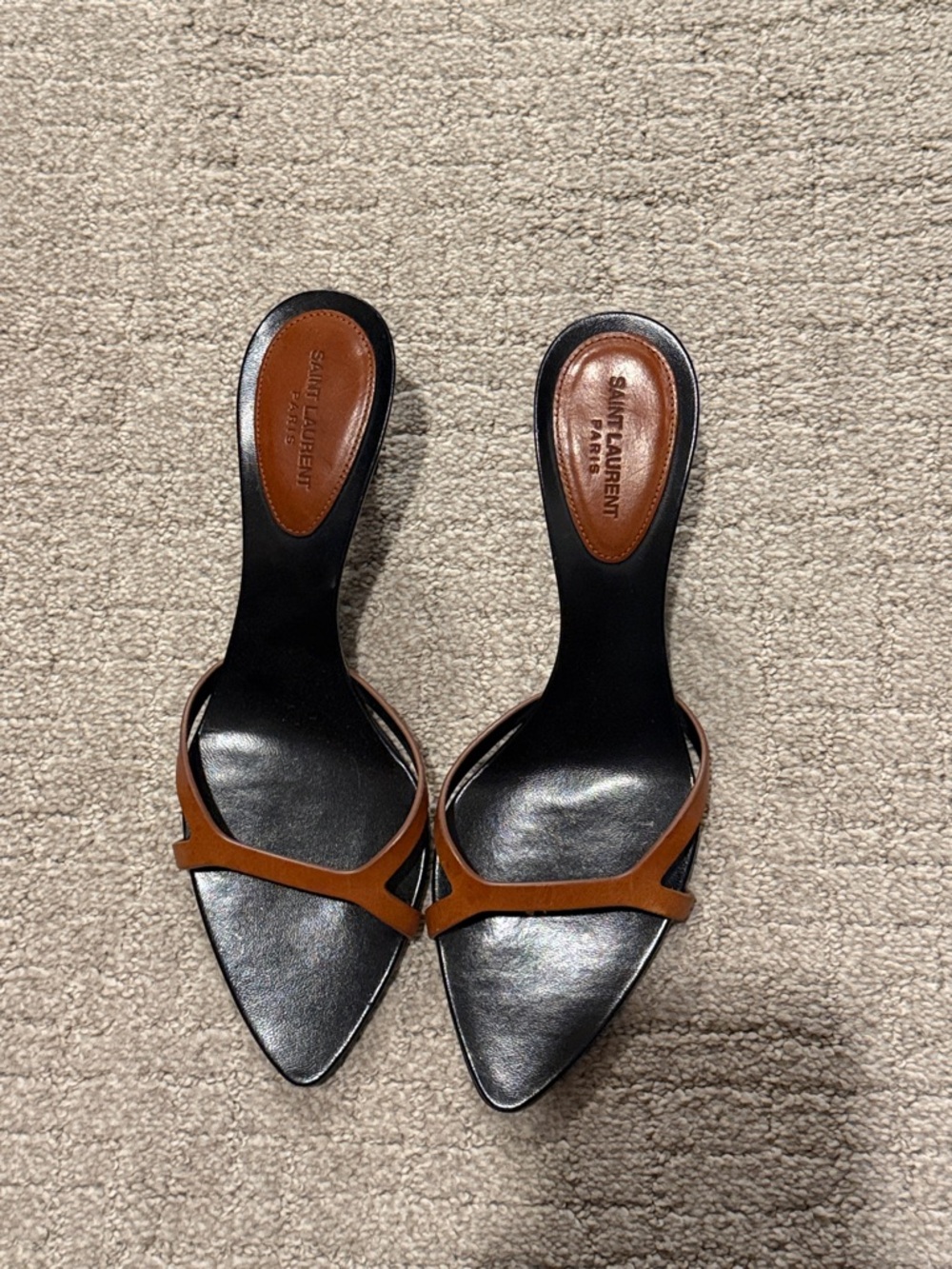 Saint Laurent Carla Black Leather Mules with Tan Straps - Picture 15 of 16